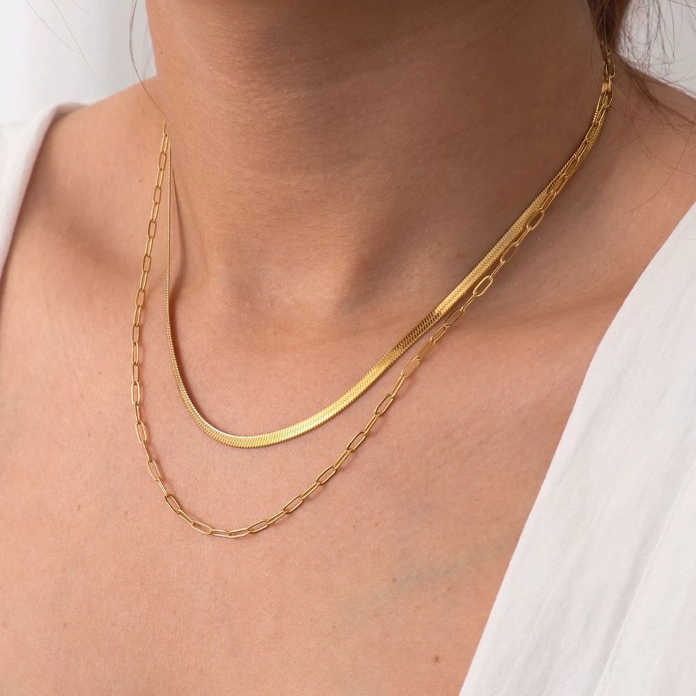 18K Gold Plated Double Layered Necklace*Paperclip Chain Snake Herringbone*YB - Picture 3 of 5